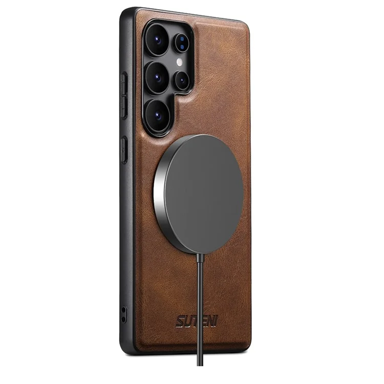 SUTENI G3 For Samsung Galaxy S24 Ultra Case Compatible with MagSafe Waxy Texture 360° Rotating Kickstand Leather Phone Back Cover - Brown