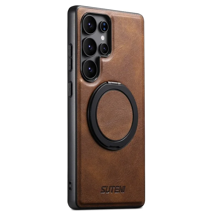 SUTENI G3 For Samsung Galaxy S24 Ultra Case Compatible with MagSafe Waxy Texture 360° Rotating Kickstand Leather Phone Back Cover - Brown