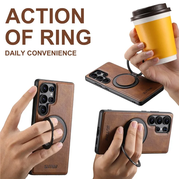 SUTENI G3 For Samsung Galaxy S24 Ultra Case Compatible with MagSafe Waxy Texture 360° Rotating Kickstand Leather Phone Back Cover - Brown