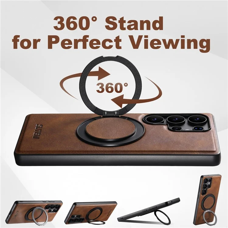 SUTENI G3 For Samsung Galaxy S24 Ultra Case Compatible with MagSafe Waxy Texture 360° Rotating Kickstand Leather Phone Back Cover - Brown