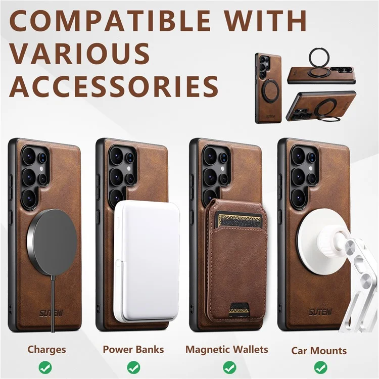 SUTENI G3 For Samsung Galaxy S24 Ultra Case Compatible with MagSafe Waxy Texture 360° Rotating Kickstand Leather Phone Back Cover - Brown