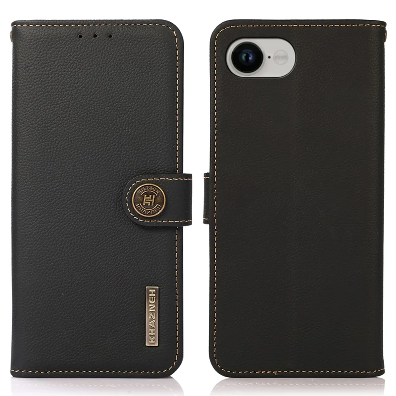 KHAZNEH for iPhone 16e Case Genuine Cow Leather RFID Blocking Wallet Phone Cover - Black