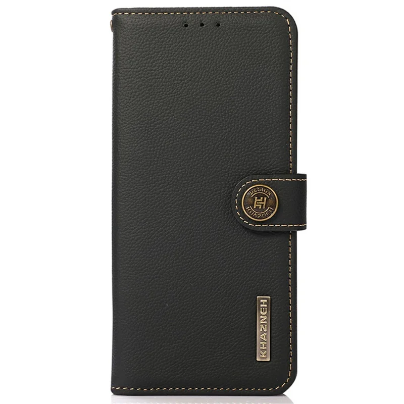 KHAZNEH for iPhone 16e Case Genuine Cow Leather RFID Blocking Wallet Phone Cover - Black