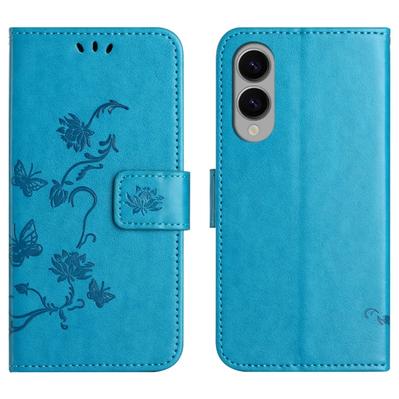 Capa Carteira para Samsung Galaxy S25 Edge com Suporte e Borboleta Floral Impressa em Couro PU - Azul