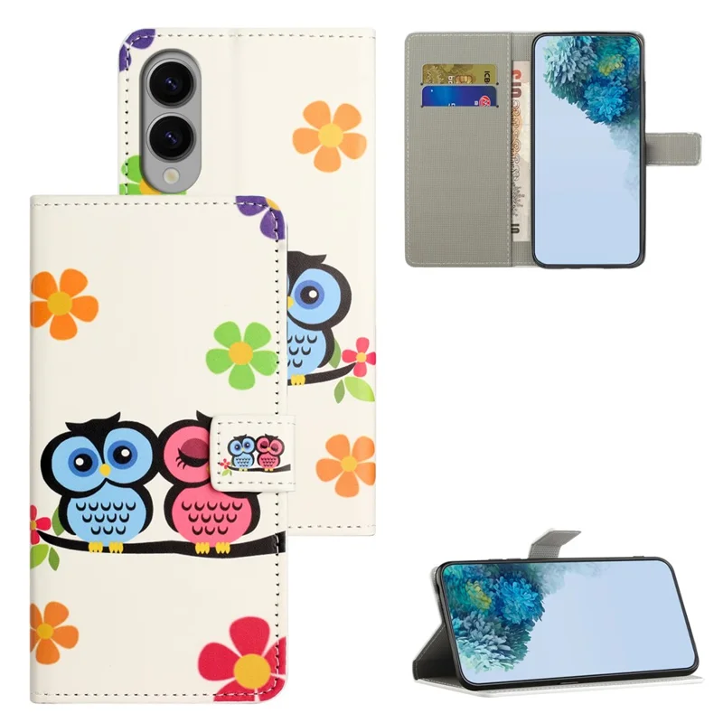 For Samsung Galaxy S25 Edge Case Pattern Print PU Leather Wallet Phone Cover - Couple Owls