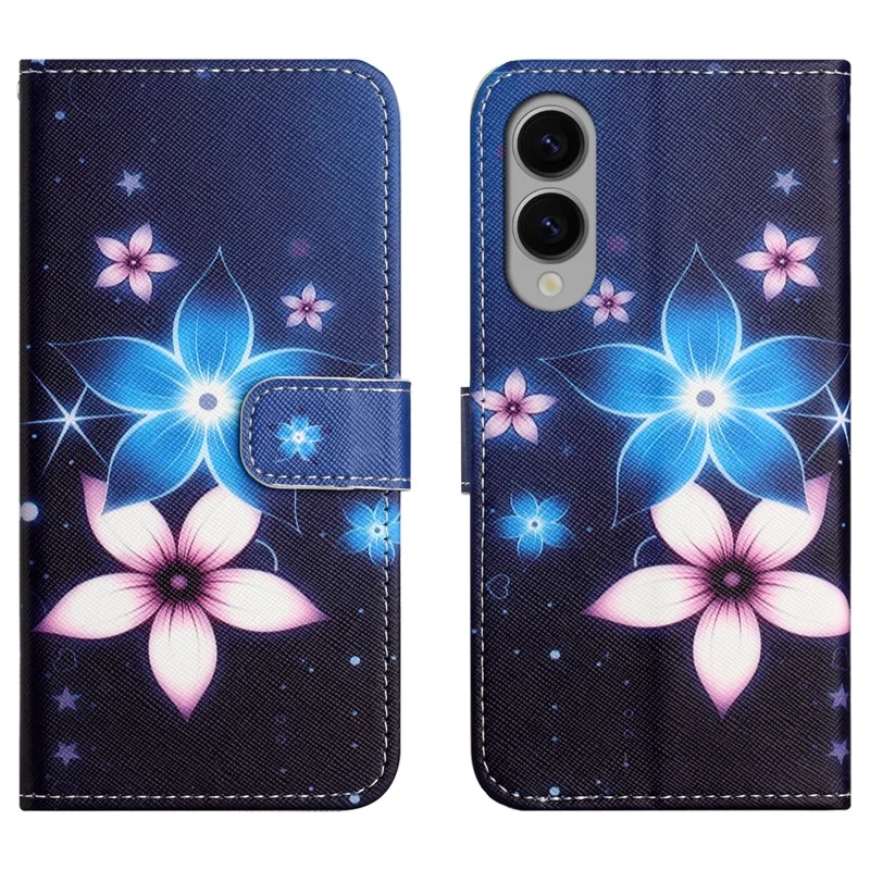 For Samsung Galaxy S25 Edge Case Pattern Print PU Leather Wallet Phone Cover Cross Texture - Blue Flower
