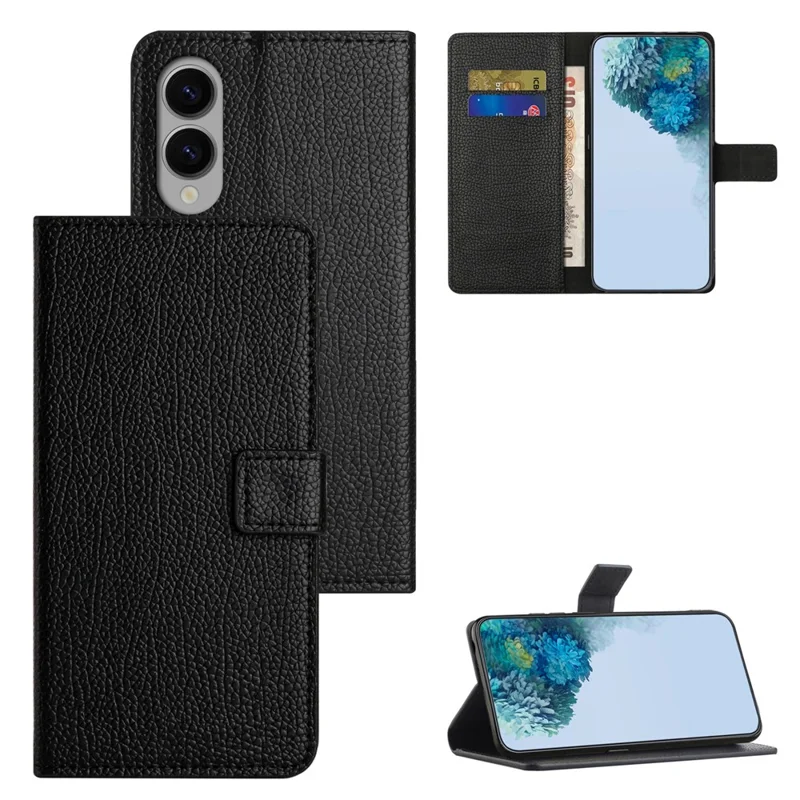 Für Samsung Galaxy S25 Edge Hülle Kunstleder Geldbörse Handyhülle Litschi-Textur, Schwarz