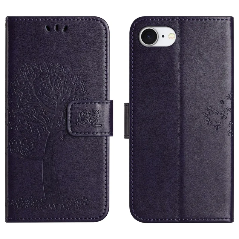 Voor iPhone 16e Hoesje PU Leren Uil Boom Afdruk Portemonnee Telefoonhoes - Donkerpaars