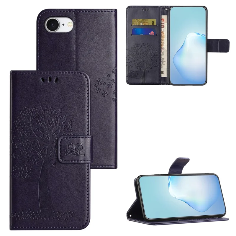 Voor iPhone 16e Hoesje PU Leren Uil Boom Afdruk Portemonnee Telefoonhoes - Donkerpaars