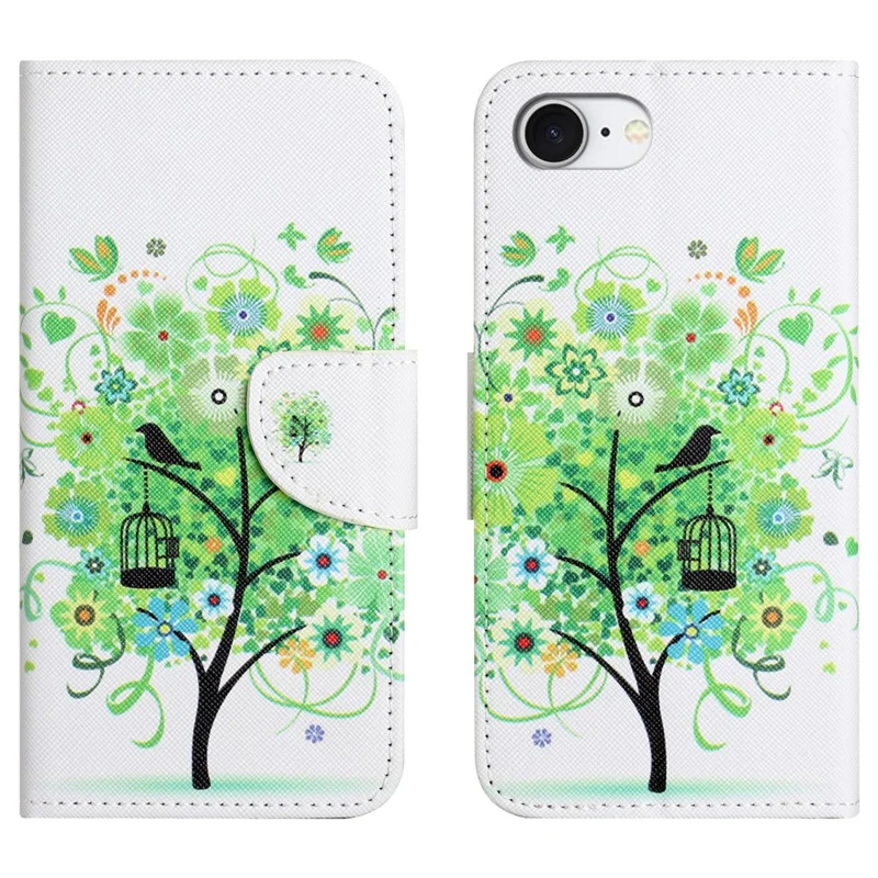 For iPhone 16e Case Pattern Printing Cross Texture Leather Phone Cover - Green Tree
