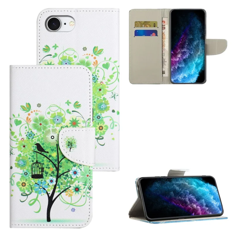 For iPhone 16e Case Pattern Printing Cross Texture Leather Phone Cover - Green Tree