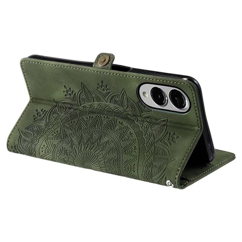 For Samsung Galaxy S25 Edge Wallet Case Leather Phone Cover Skin Feel Totem Imprinted - Blackish Green