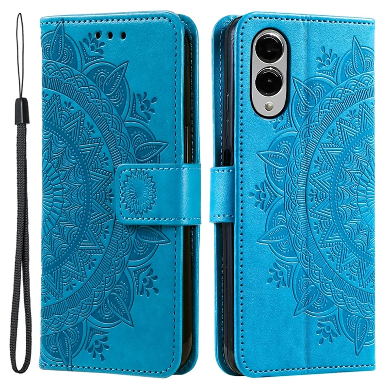 Standhoes voor Samsung Galaxy S25 Edge met in reliëf gemaakt totemmotief, PU-lederen portemonnee-telefoonhoes - Blauw