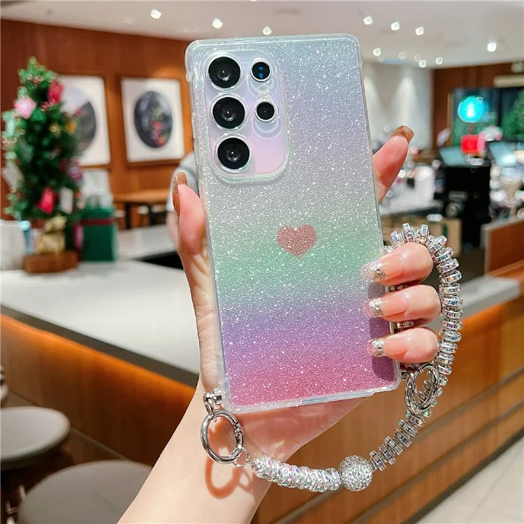 For Samsung Galaxy S25 Ultra Case Heart Glitter Gradient TPU Phone Back Cover with Rhinestones Strap - Fantasy Pink