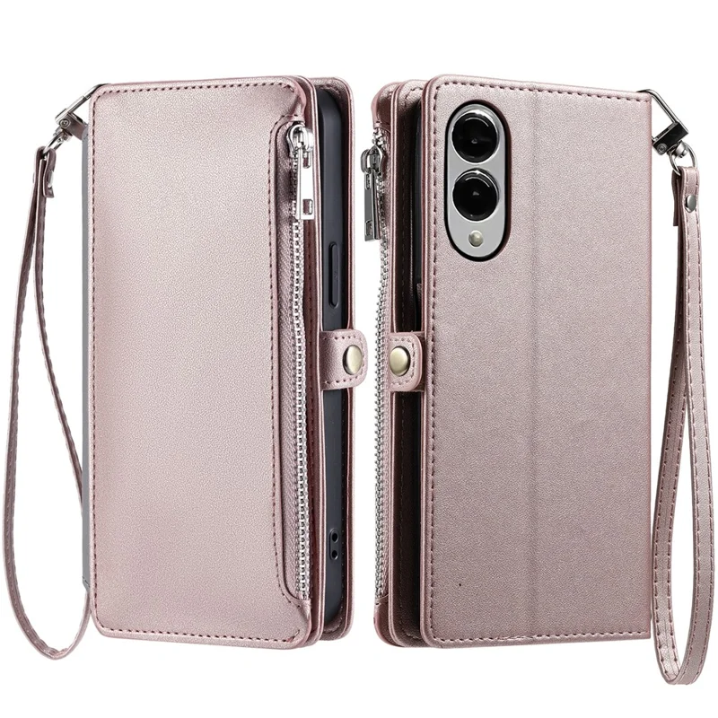 For Samsung Galaxy S25 Edge Case TPU + PU Leather Wallet Phone Cover with Wrist Strap - Rose Gold