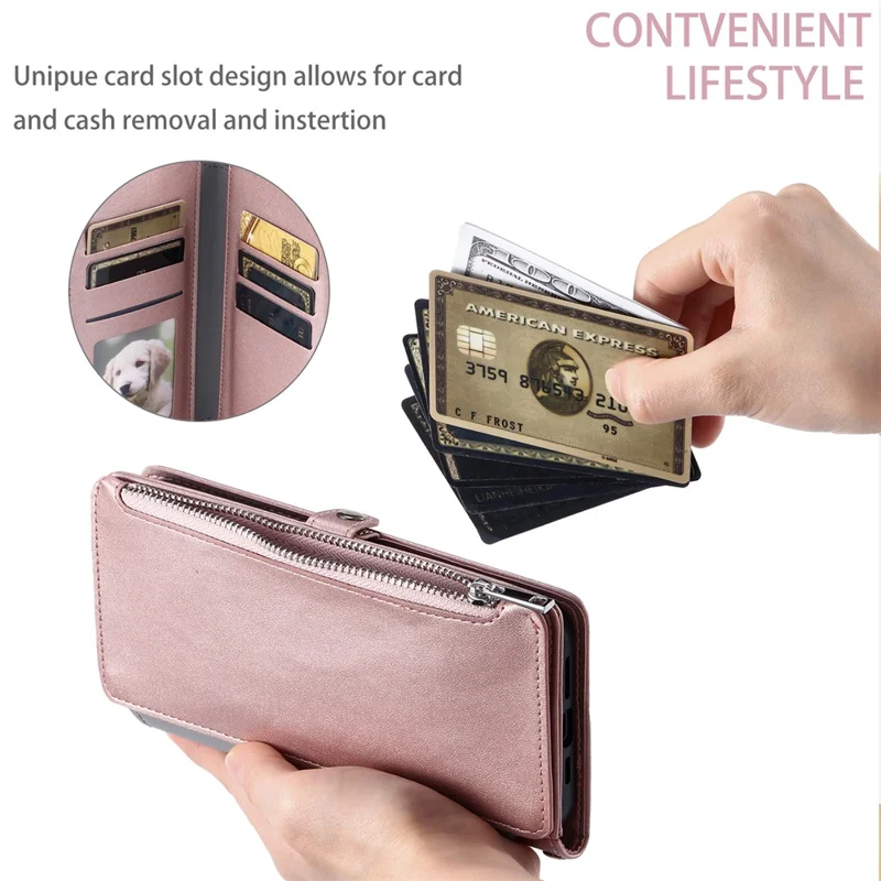For Samsung Galaxy S25 Edge Case TPU + PU Leather Wallet Phone Cover with Wrist Strap - Rose Gold