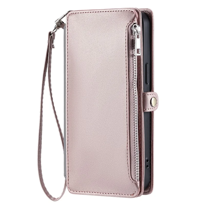 For Samsung Galaxy S25 Edge Case TPU + PU Leather Wallet Phone Cover with Wrist Strap - Rose Gold