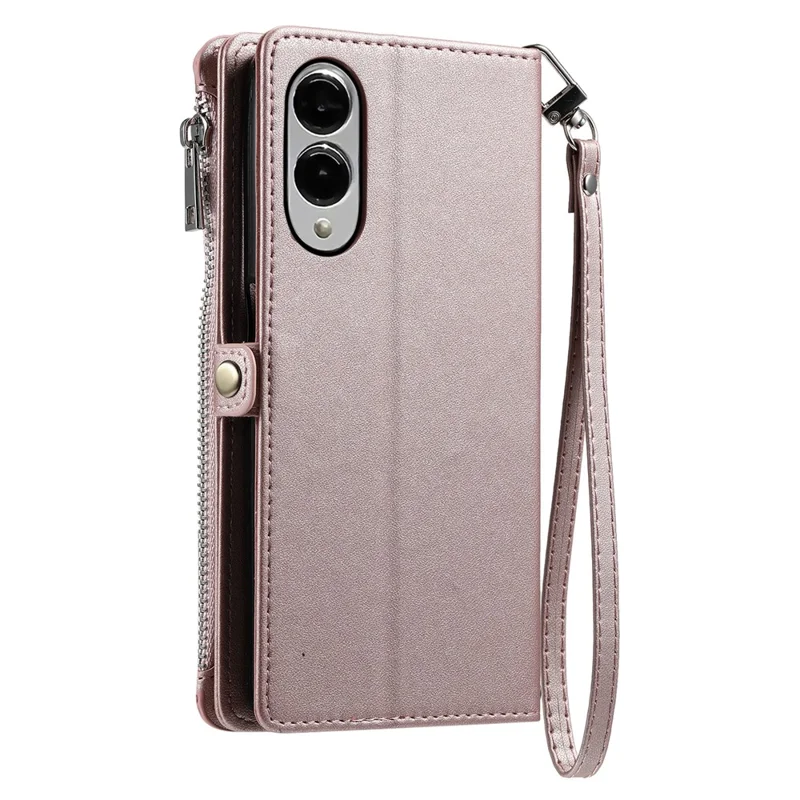 For Samsung Galaxy S25 Edge Case TPU + PU Leather Wallet Phone Cover with Wrist Strap - Rose Gold