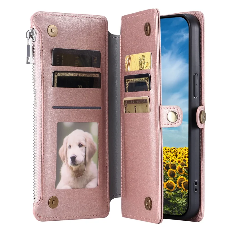 For Samsung Galaxy S25 Edge Case TPU + PU Leather Wallet Phone Cover with Wrist Strap - Rose Gold