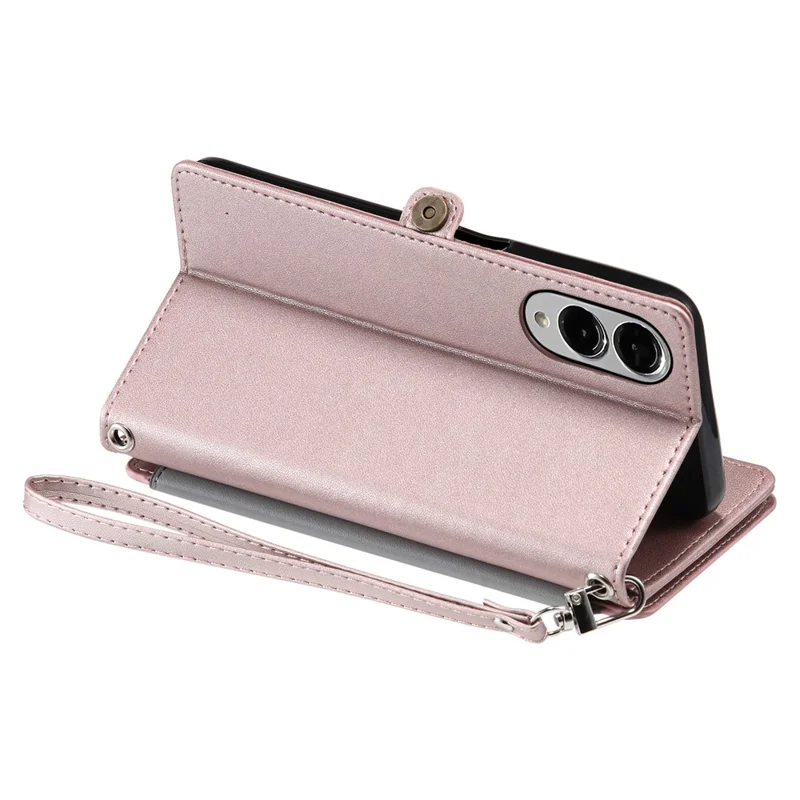 For Samsung Galaxy S25 Edge Case TPU + PU Leather Wallet Phone Cover with Wrist Strap - Rose Gold
