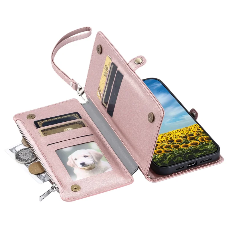 For Samsung Galaxy S25 Edge Case TPU + PU Leather Wallet Phone Cover with Wrist Strap - Rose Gold