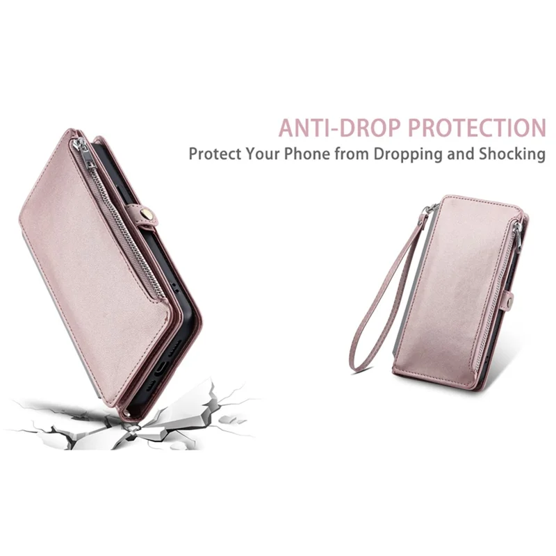 For Samsung Galaxy S25 Edge Case TPU + PU Leather Wallet Phone Cover with Wrist Strap - Rose Gold