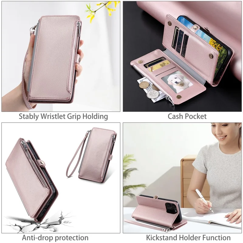 For Samsung Galaxy S25 Edge Case TPU + PU Leather Wallet Phone Cover with Wrist Strap - Rose Gold