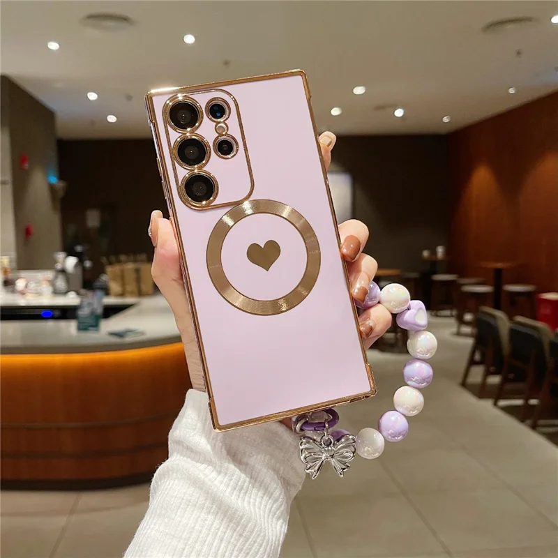 For Samsung Galaxy S25 Ultra Side Electroplate Heart Pattern Case Compatible with Magsafe TPU Phone Cover with Wrist Chain - Purple
