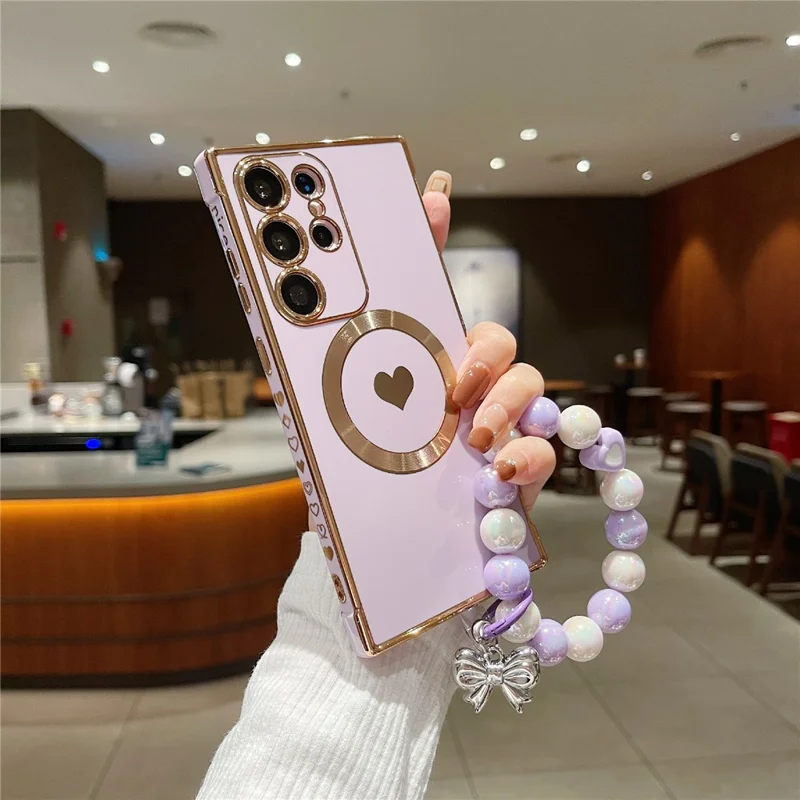 For Samsung Galaxy S25 Ultra Side Electroplate Heart Pattern Case Compatible with Magsafe TPU Phone Cover with Wrist Chain - Purple