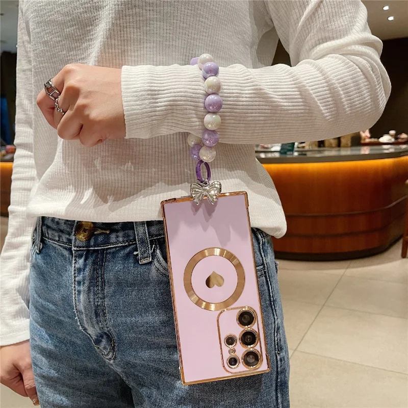 For Samsung Galaxy S25 Ultra Side Electroplate Heart Pattern Case Compatible with Magsafe TPU Phone Cover with Wrist Chain - Purple