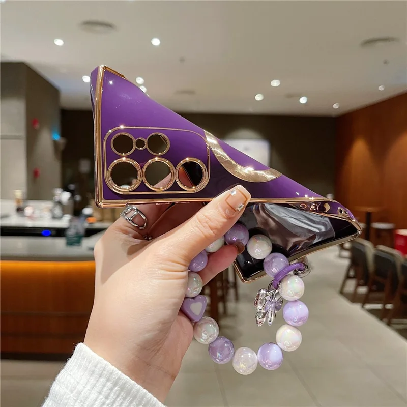 For Samsung Galaxy S25 Ultra Side Electroplate Heart Pattern Case Compatible with Magsafe TPU Phone Cover with Wrist Chain - Purple
