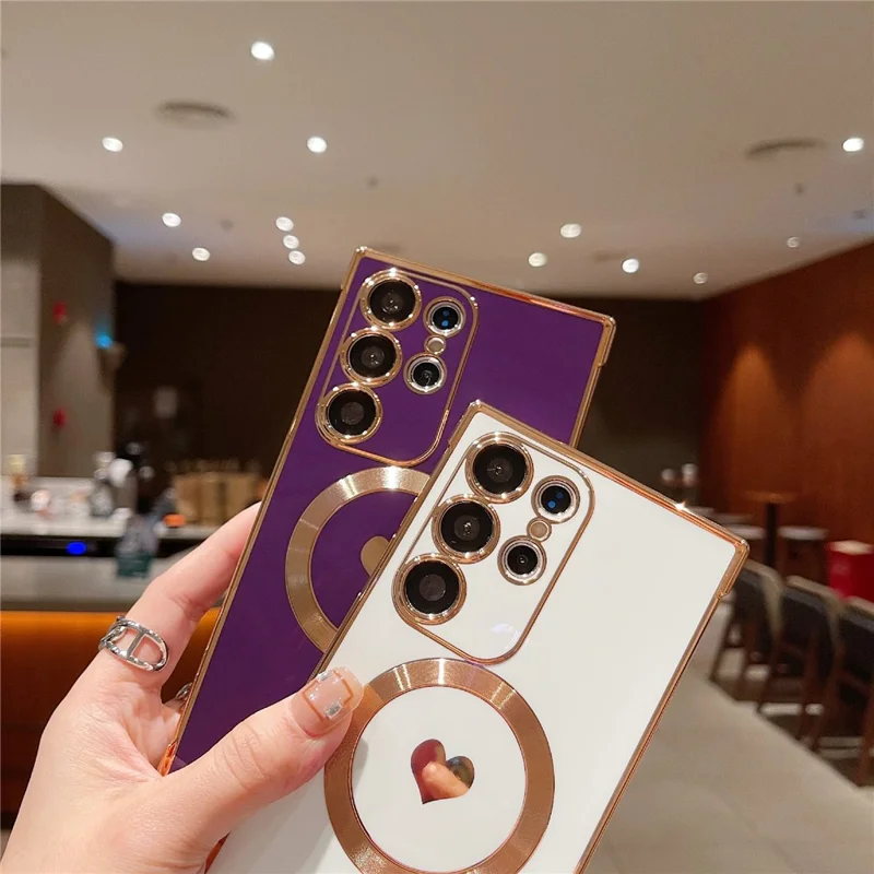 For Samsung Galaxy S25 Ultra Side Electroplate Heart Pattern Case Compatible with Magsafe TPU Phone Cover with Wrist Chain - Purple