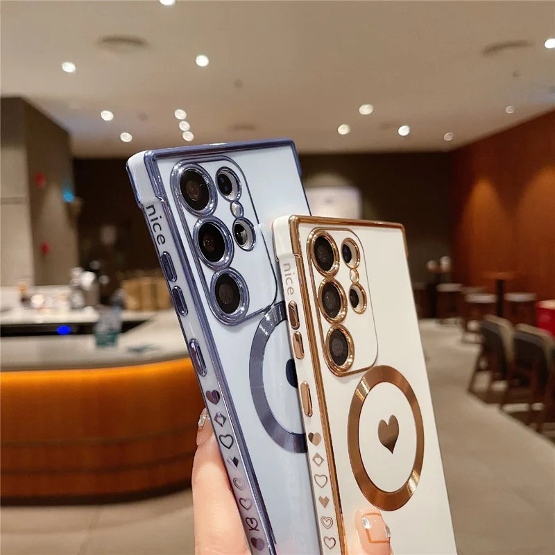 For Samsung Galaxy S25 Ultra Side Electroplate Heart Pattern Case Compatible with Magsafe TPU Phone Cover with Wrist Chain - Purple