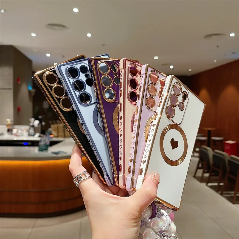 For Samsung Galaxy S25 Ultra Side Electroplate Heart Pattern Case Compatible with Magsafe TPU Phone Cover with Wrist Chain - Purple