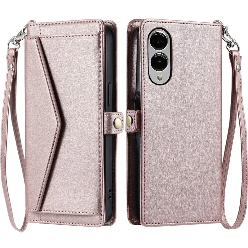 For Samsung Galaxy S25 Edge Leather Case with Wrist Strap Wallet Stand Phone Cover - Rose Gold
