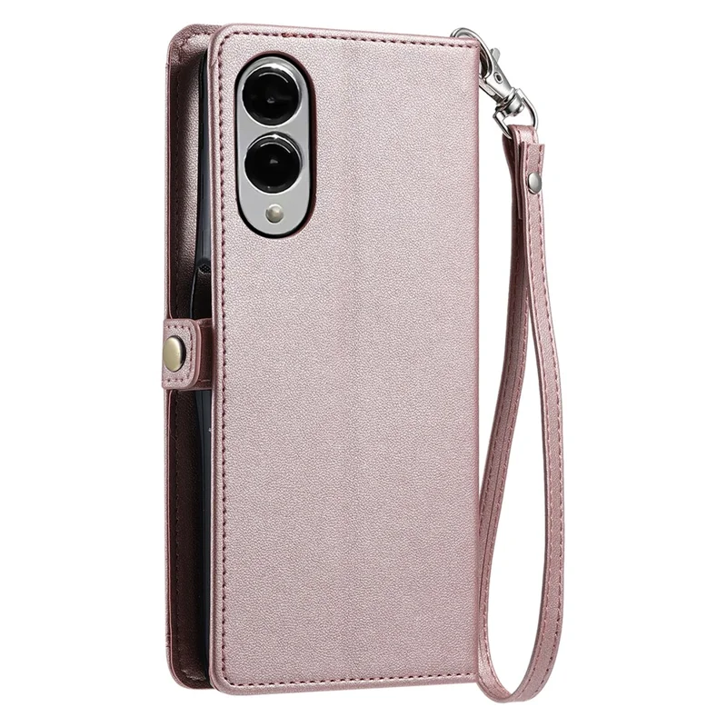 For Samsung Galaxy S25 Edge Leather Case with Wrist Strap Wallet Stand Phone Cover - Rose Gold