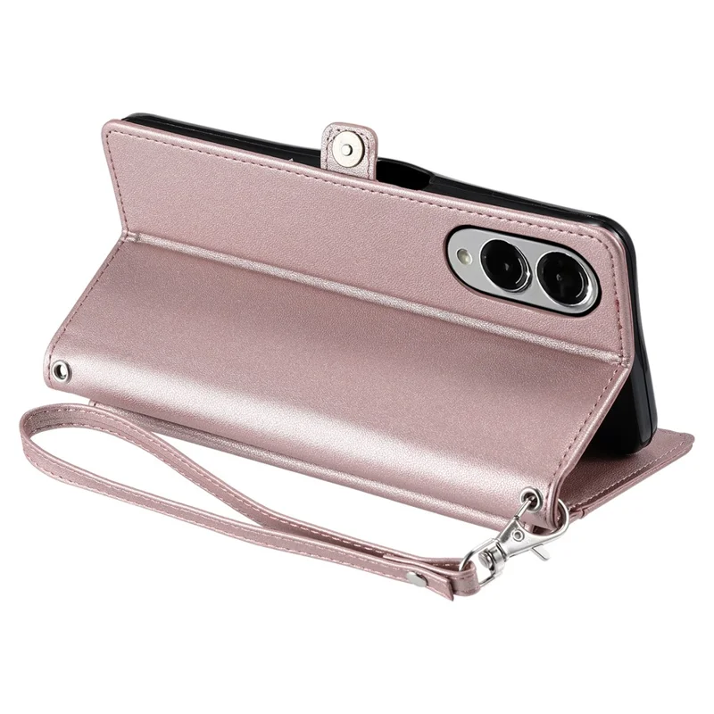 For Samsung Galaxy S25 Edge Leather Case with Wrist Strap Wallet Stand Phone Cover - Rose Gold