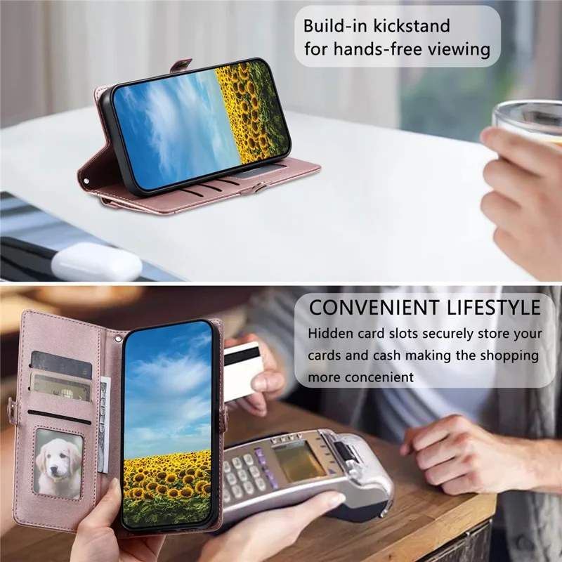 For Samsung Galaxy S25 Edge Leather Case with Wrist Strap Wallet Stand Phone Cover - Rose Gold