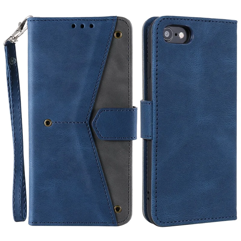 For iPhone 16e Leather Case Splicing Stitching Wallet Phone Cover with Wrist Strap - Blue