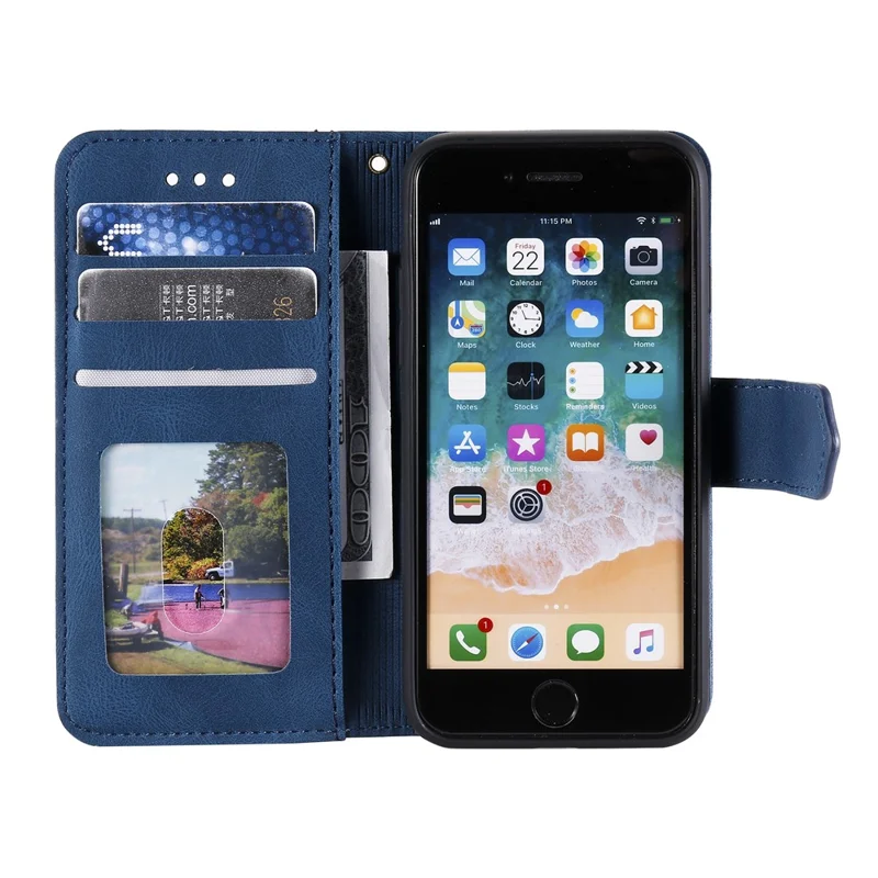 For iPhone 16e Leather Case Splicing Stitching Wallet Phone Cover with Wrist Strap - Blue