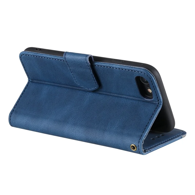 For iPhone 16e Leather Case Splicing Stitching Wallet Phone Cover with Wrist Strap - Blue