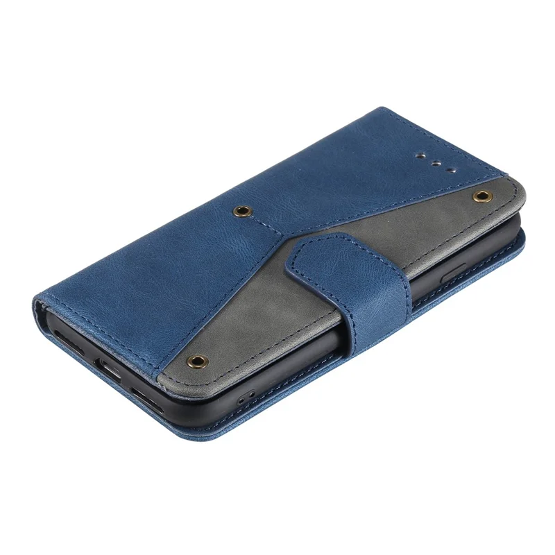 For iPhone 16e Leather Case Splicing Stitching Wallet Phone Cover with Wrist Strap - Blue