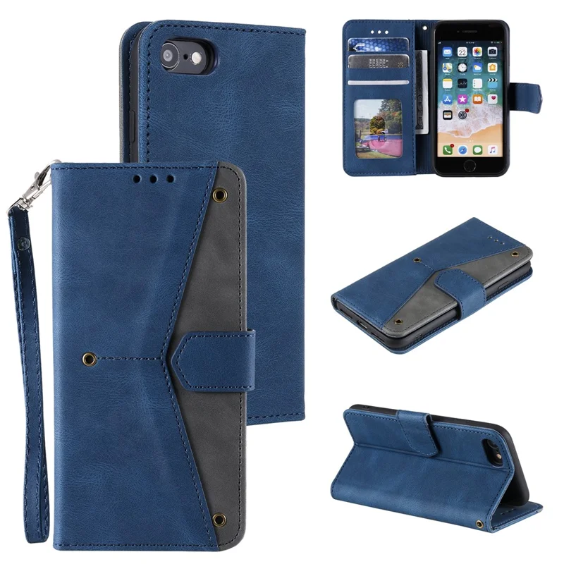 For iPhone 16e Leather Case Splicing Stitching Wallet Phone Cover with Wrist Strap - Blue