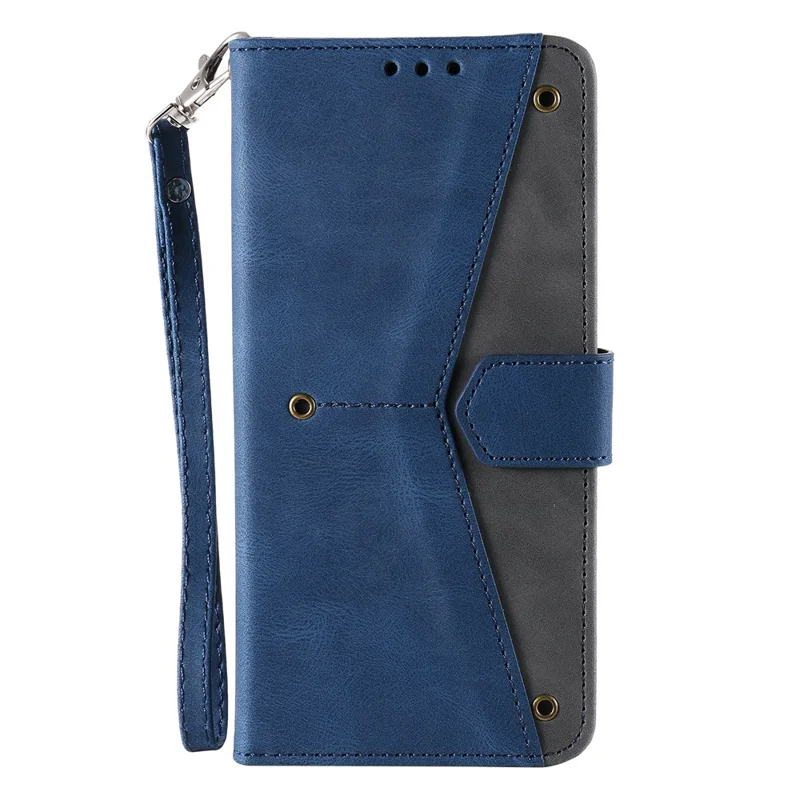For iPhone 16e Leather Case Splicing Stitching Wallet Phone Cover with Wrist Strap - Blue