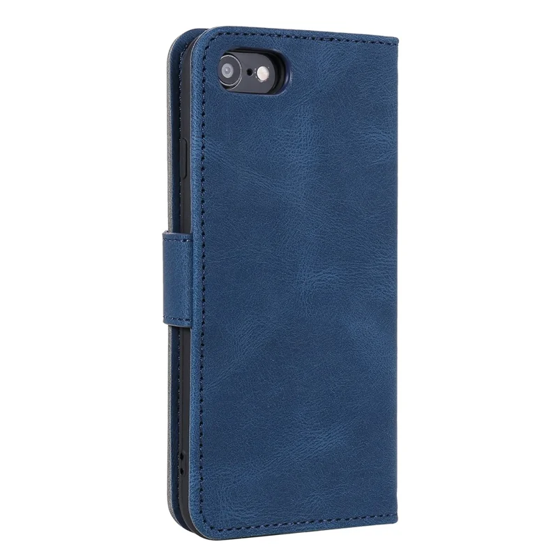 For iPhone 16e Leather Case Splicing Stitching Wallet Phone Cover with Wrist Strap - Blue