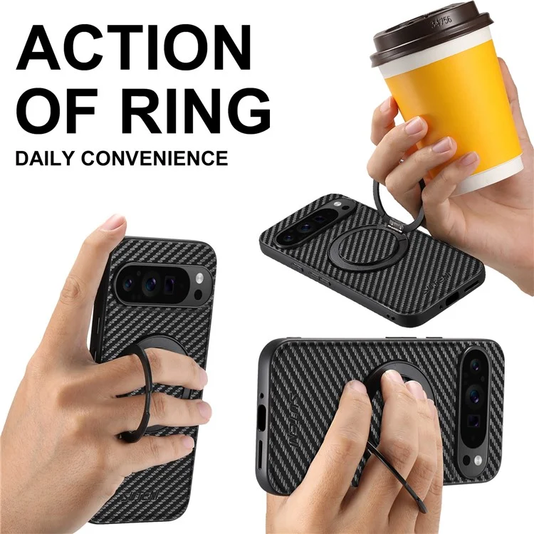 SUTENI G3 Funda Magnética de 360 Grados con Soporte Giratorio para Google Pixel 9 / 9 Pro, Textura de Fibra de Carbono, Cubierta Trasera de PU