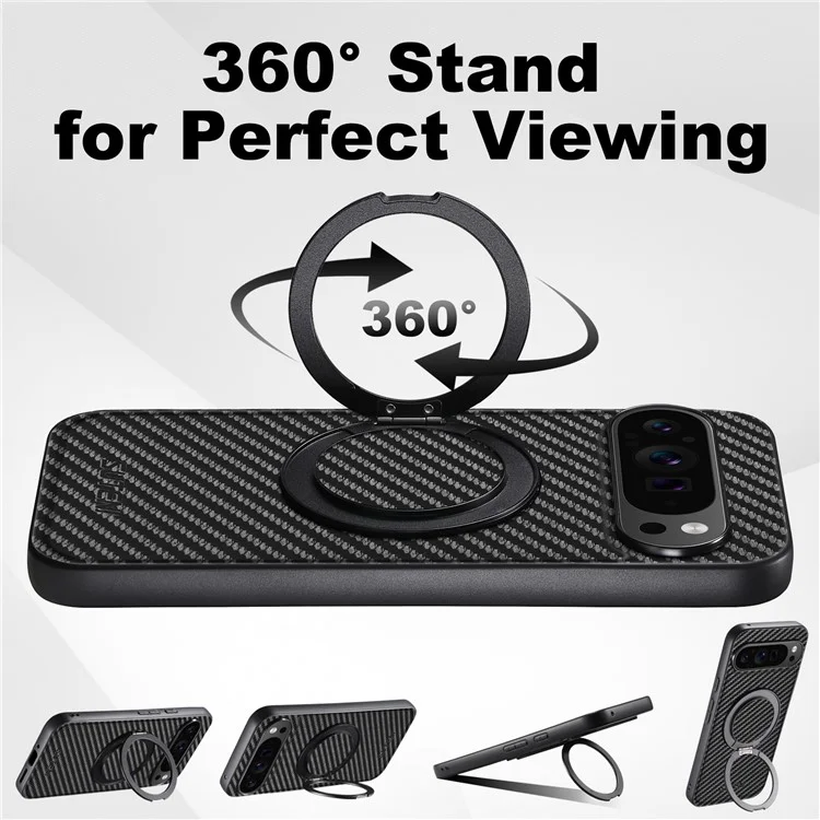SUTENI G3 Funda Magnética de 360 Grados con Soporte Giratorio para Google Pixel 9 / 9 Pro, Textura de Fibra de Carbono, Cubierta Trasera de PU