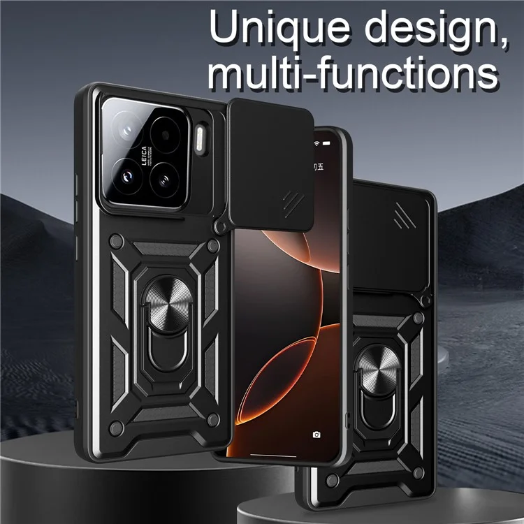 Чехол для Xiaomi 15 с выдвижной крышкой для камеры PC + TPU с подставкой - черный