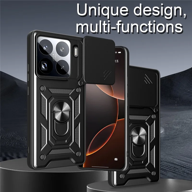 For Xiaomi 15 Pro Case with Slide Camera Lid PC + TPU Kickstand Phone Cover - Black