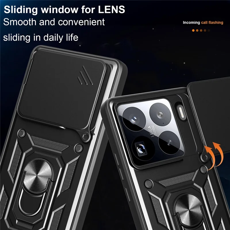 For Xiaomi 15 Pro Case with Slide Camera Lid PC + TPU Kickstand Phone Cover - Black